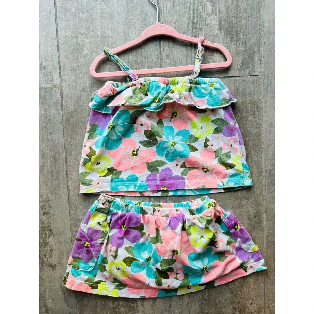 Toddler Baby Girl Bright Neon Hawaiian Floral Tank Top & Skort Outfit Set 24M